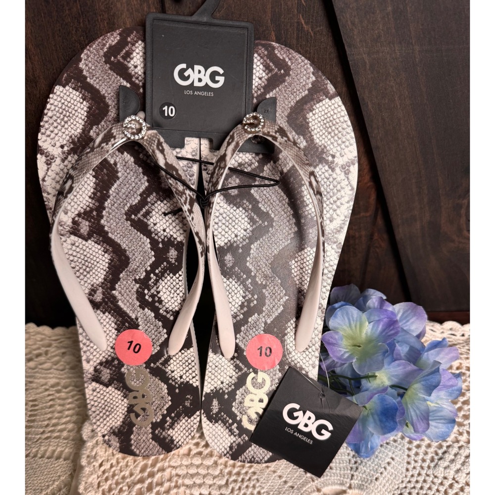 NEW‎ Snakeskin Print Flip Flop Sandals Rhinestone 10 Glitzy Python Animalier